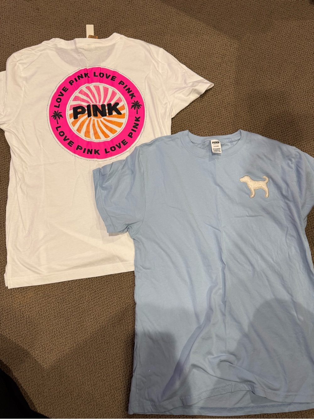 PINK Victoria's Secret Light Blue Tee with White Dog Patch & White Graphic Tee